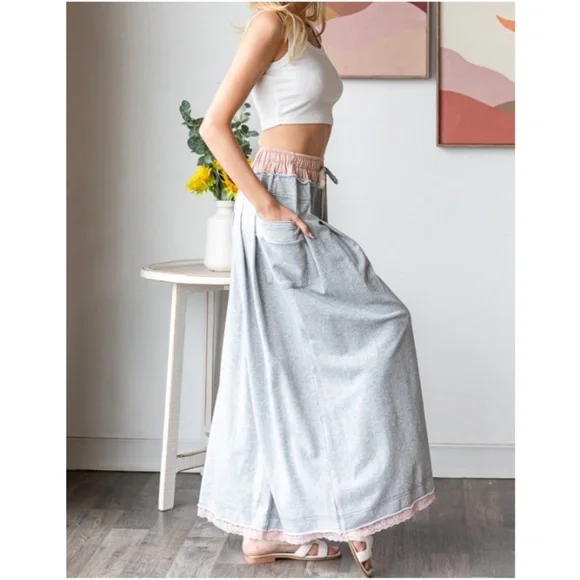 Oli & Hali Gray Wide Leg Lounge Pants with Pink Trim - Picture 8 of 8